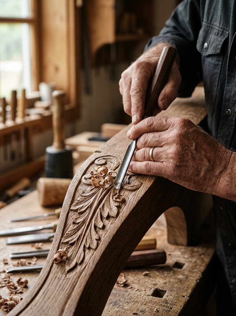 Maître artisan ébéniste sculptant le bois à la main Frachdark