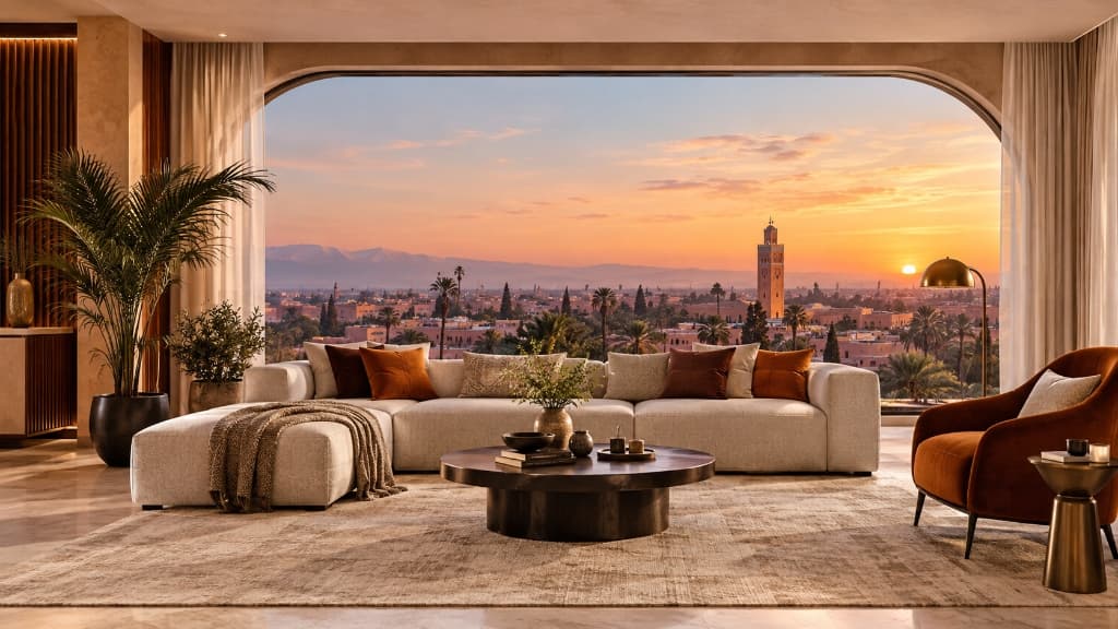 Salon luxueux offrant une vue panoramique au coucher du soleil sur Marrakech - Frachdark